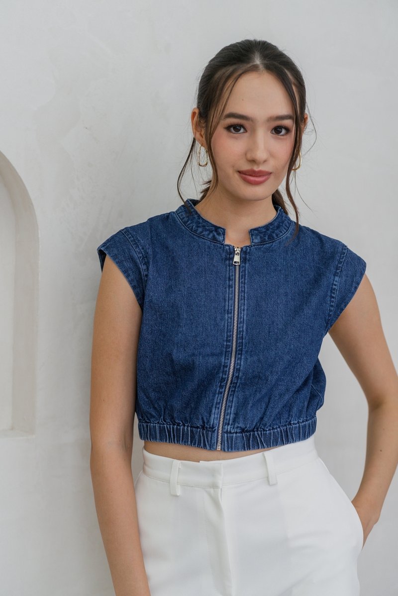 Nala Front Zip Denim Crop Top in Dark Wash (XL)