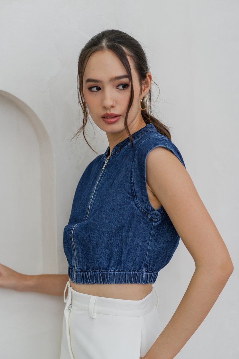 Nala Front Zip Denim Crop Top in Dark Wash (XL)