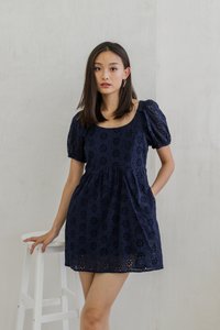 Verene Floral Eyelet Dress Romper In Navy (XS)
