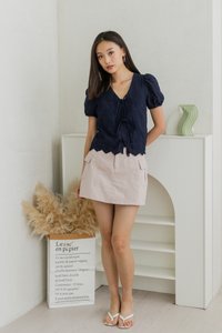 Elara Tie Ribbon Eyelet Top In Navy (XS)