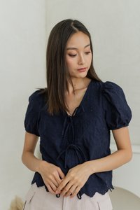 Elara Tie Ribbon Eyelet Top In Navy (XS)