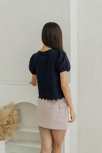 Elara Tie Ribbon Eyelet Top In Navy (XS)