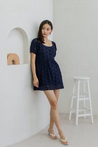 Verene Floral Eyelet Dress Romper In Navy (XS)