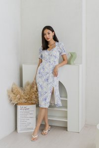 Macie Printed Floral Midi Dress In Blue (XS)