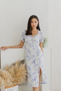 Macie Printed Floral Midi Dress In Blue (XS)