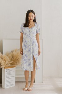 Macie Printed Floral Midi Dress In Blue (XS)