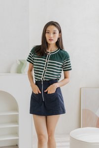 Kass Cotton Stripes Button Top In Forest (XS)