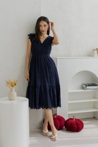 Gwendolyn Tiered Eyelet Maxi Dress In Navy (XS)