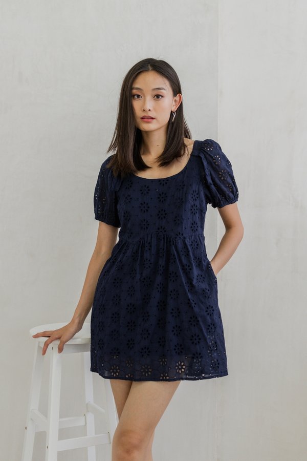 Verene Floral Eyelet Dress Romper In Navy (XS)