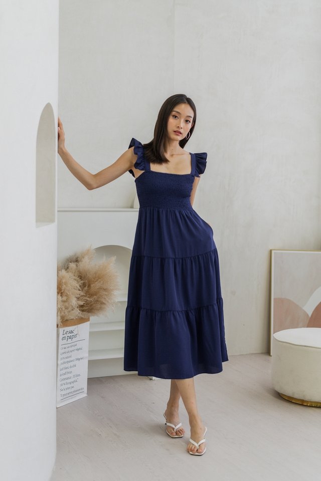 Camille Smocked Tiered Maxi Dress In Navy