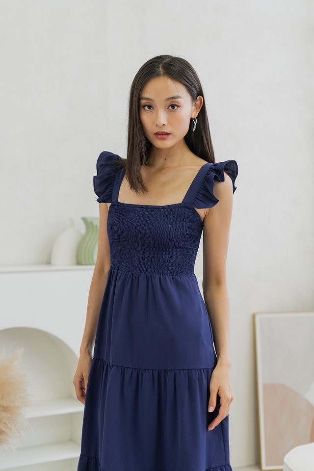 Camille Smocked Tiered Maxi Dress In Navy