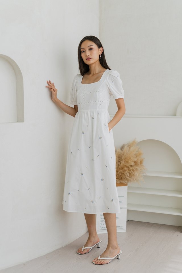 Amalie Eyelet Midi Dress In White