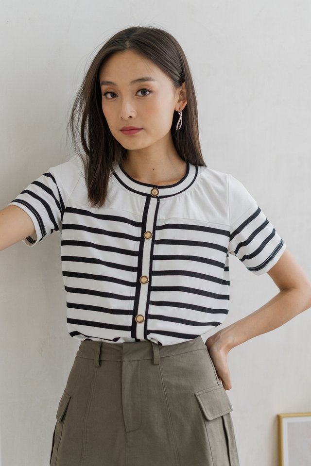 Kass Cotton Stripes Button Top In White