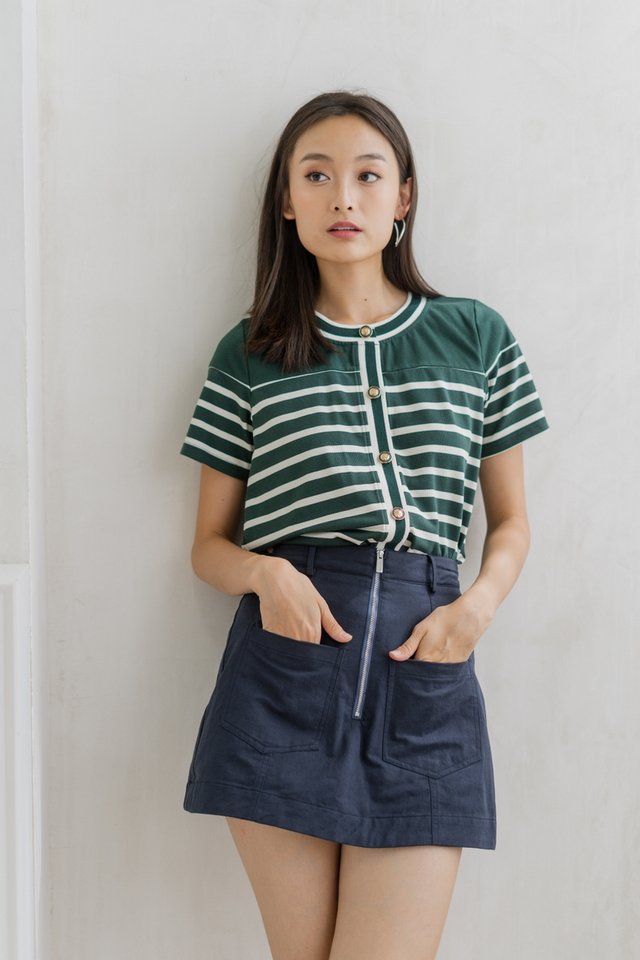 Kass Cotton Stripes Button Top In Forest