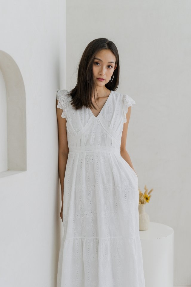 Gwendolyn Tiered Eyelet Maxi Dress In White