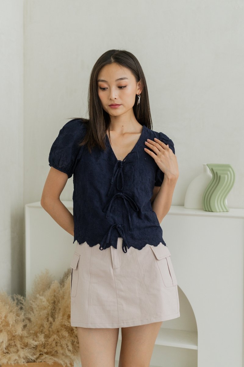 Elara Tie Ribbon Eyelet Top In Navy (XS)