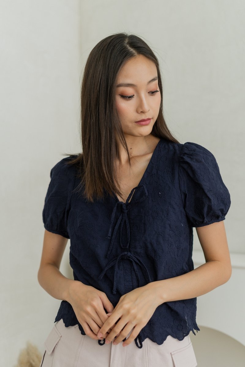 Elara Tie Ribbon Eyelet Top In Navy (XS)