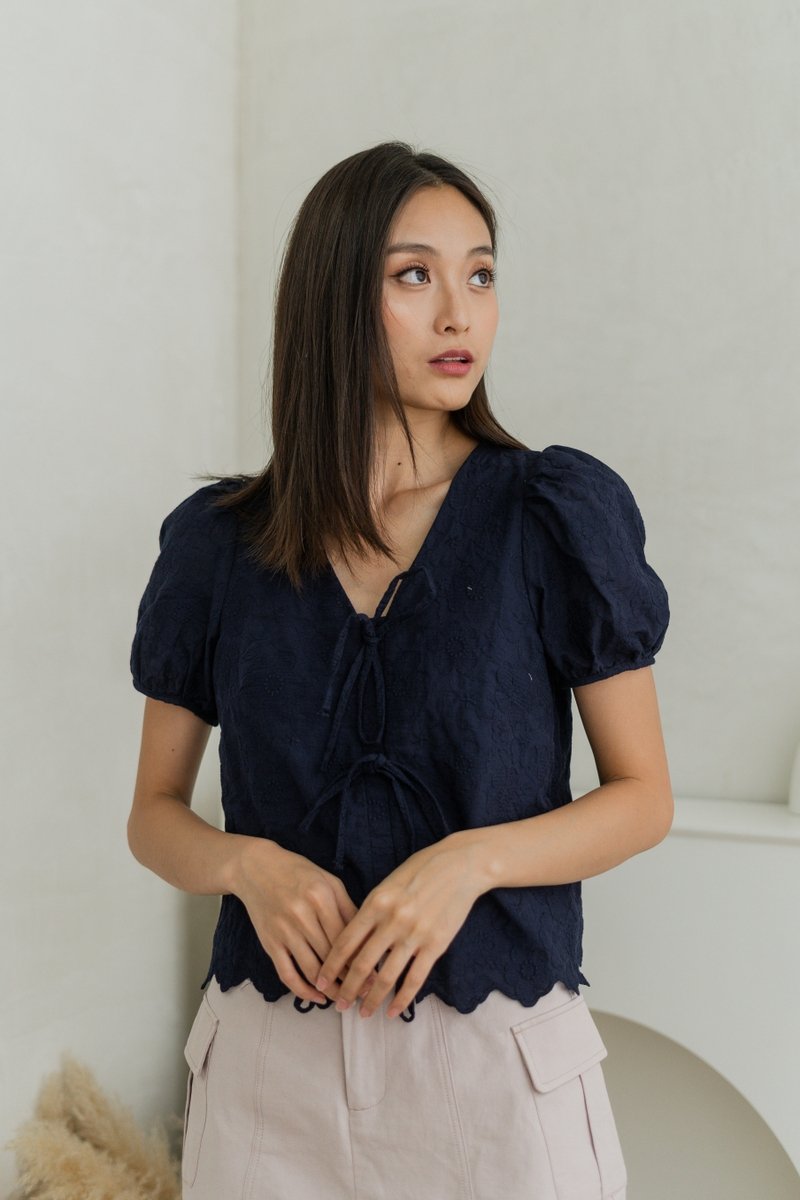 Elara Tie Ribbon Eyelet Top In Navy (XS)