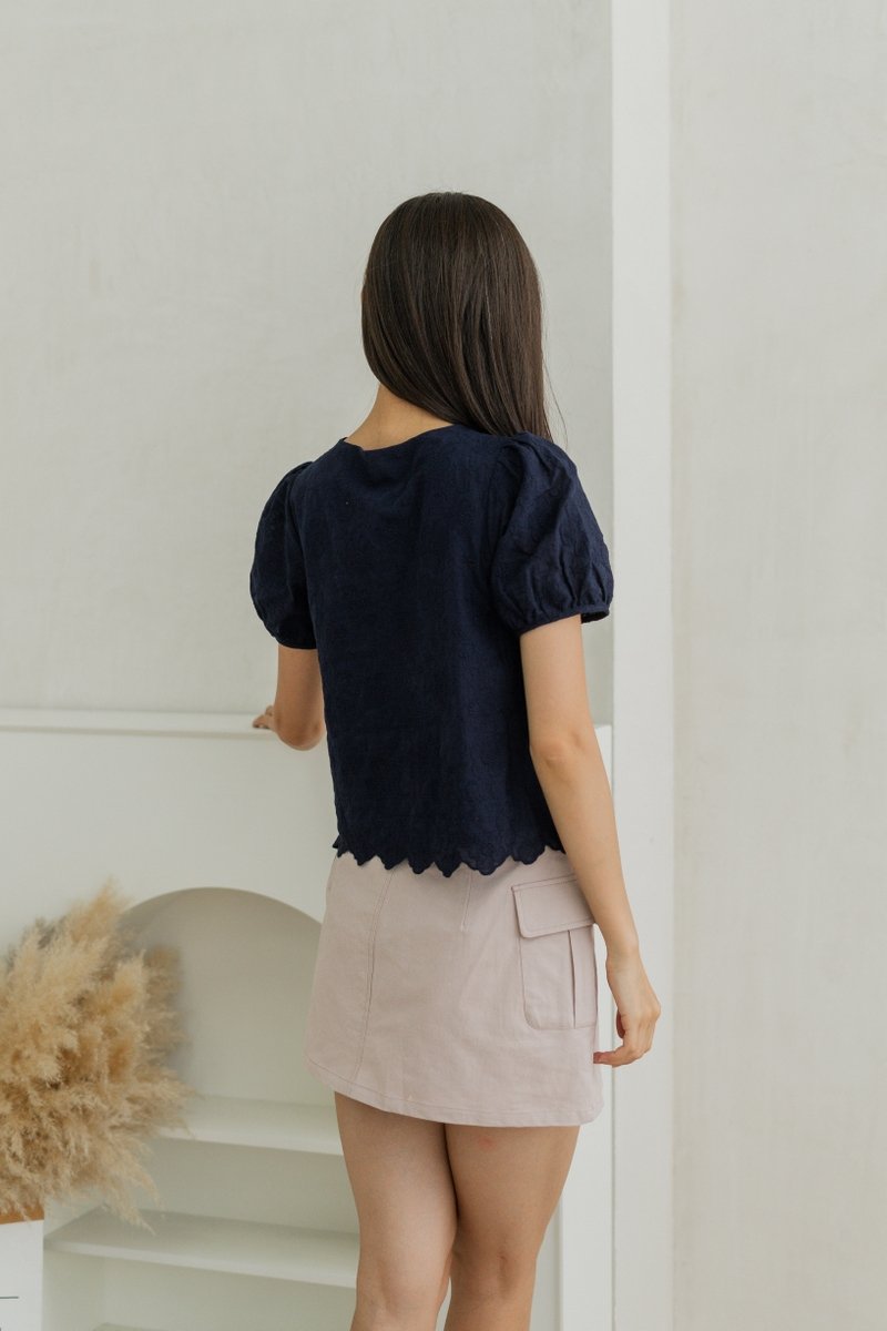 Elara Tie Ribbon Eyelet Top In Navy (XS)