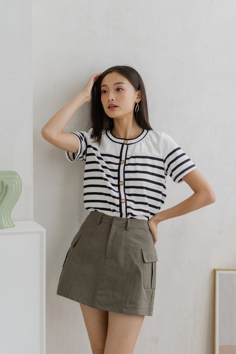 Kass Cotton Stripes Button Top In White