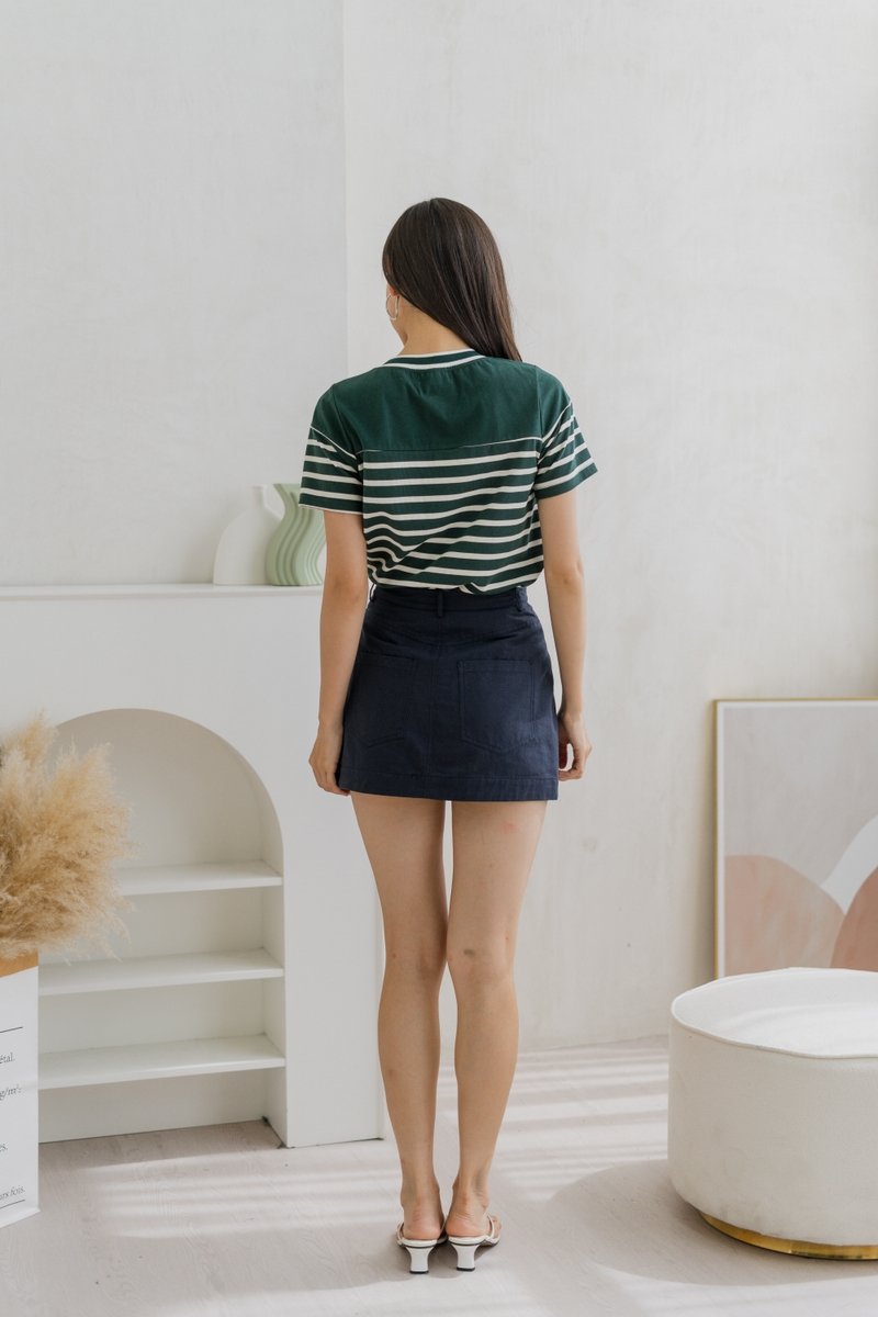 Kass Cotton Stripes Button Top In Forest (XS)