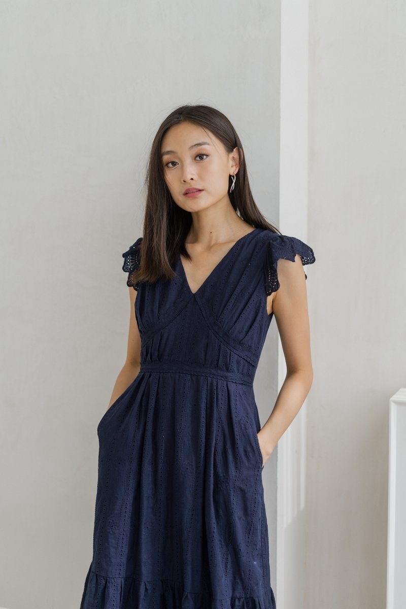 Gwendolyn Tiered Eyelet Maxi Dress In Navy (XS)