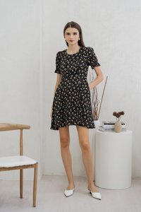 Aeris Printed Floral Flared Dress In Black (XS)