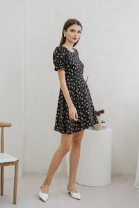 Aeris Printed Floral Flared Dress In Black (XS)