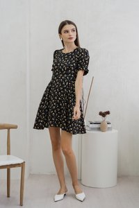 Aeris Printed Floral Flared Dress In Black (XS)