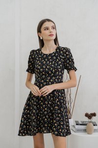 Aeris Printed Floral Flared Dress In Black (XS)
