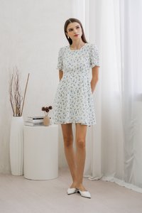 Aeris Printed Floral Flared Dress In White (XS)