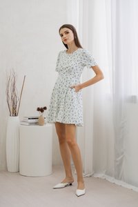 Aeris Printed Floral Flared Dress In White (XS)