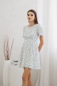Aeris Printed Floral Flared Dress In White (XS)