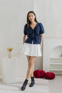 Maeve Denim Ruched Front Zip Top (XS)