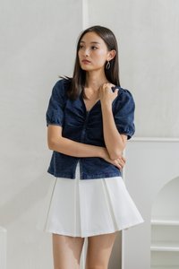 Maeve Denim Ruched Front Zip Top (XS)
