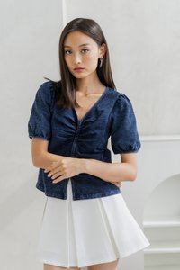 Maeve Denim Ruched Front Zip Top (XS)