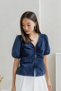 Maeve Denim Ruched Front Zip Top (XS)