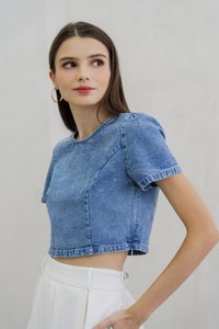 Kienna Denim Crop Top In Light Wash (XS)