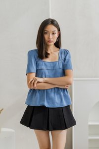 Ophelia Pleated Denim Babydoll Top (XS)