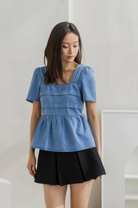 Ophelia Pleated Denim Babydoll Top (XS)