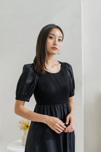 Meredith Mix Fabric Knitted Midi Dress In Black (XS)