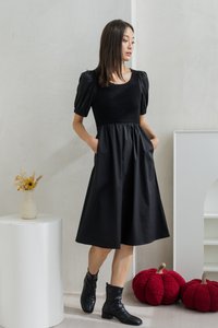 Meredith Mix Fabric Knitted Midi Dress In Black (XS)