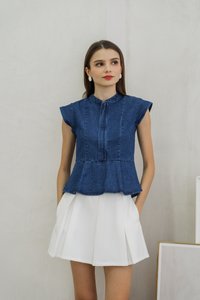 Eliza Front Zipper Mandarin Collar Denim Top (XS)