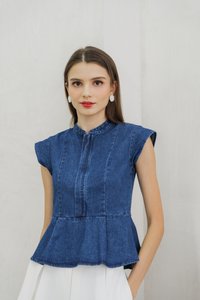 Eliza Front Zipper Mandarin Collar Denim Top (XS)