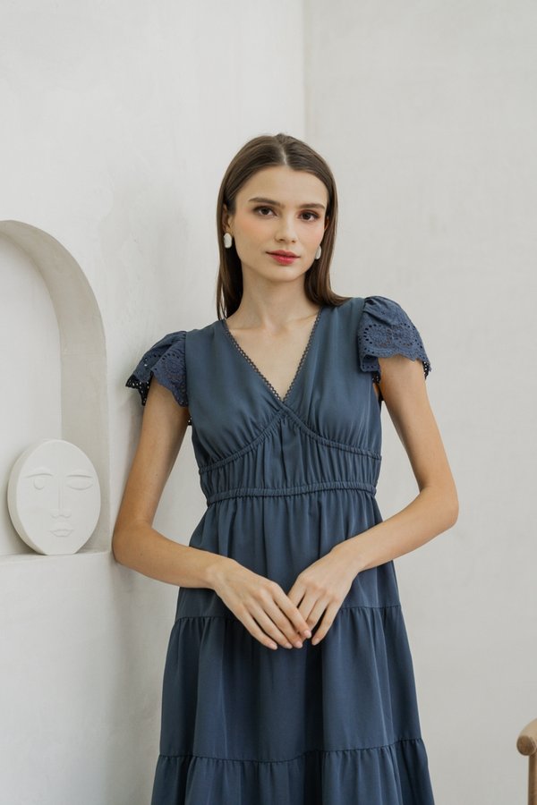 Marina Eyelet Sleeve Tiered Maxi Dress In French Navy (XS)