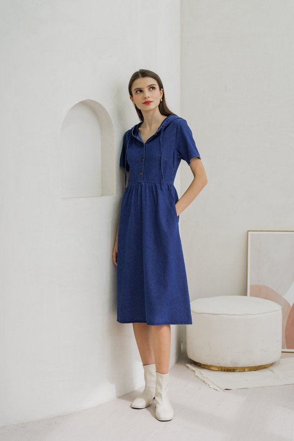 Celeste Hoodie Button Denim Midi Dress (XS)