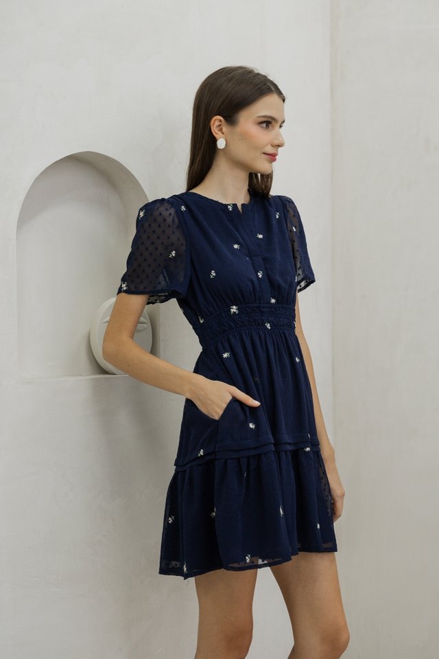 Rochelle Swiss Dots Embroidery Dress In Navy