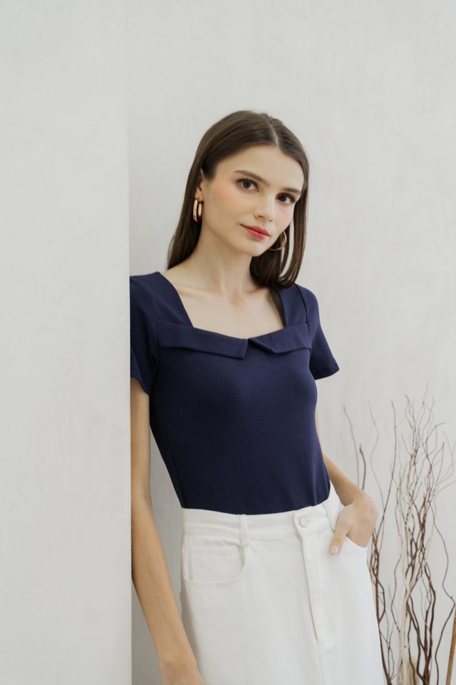 Branca Ribbed Cotton Top In Navy