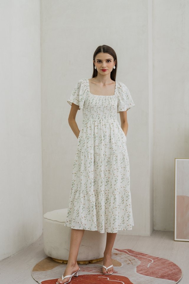 Emmie Smocked Floral Maxi Dress In White 