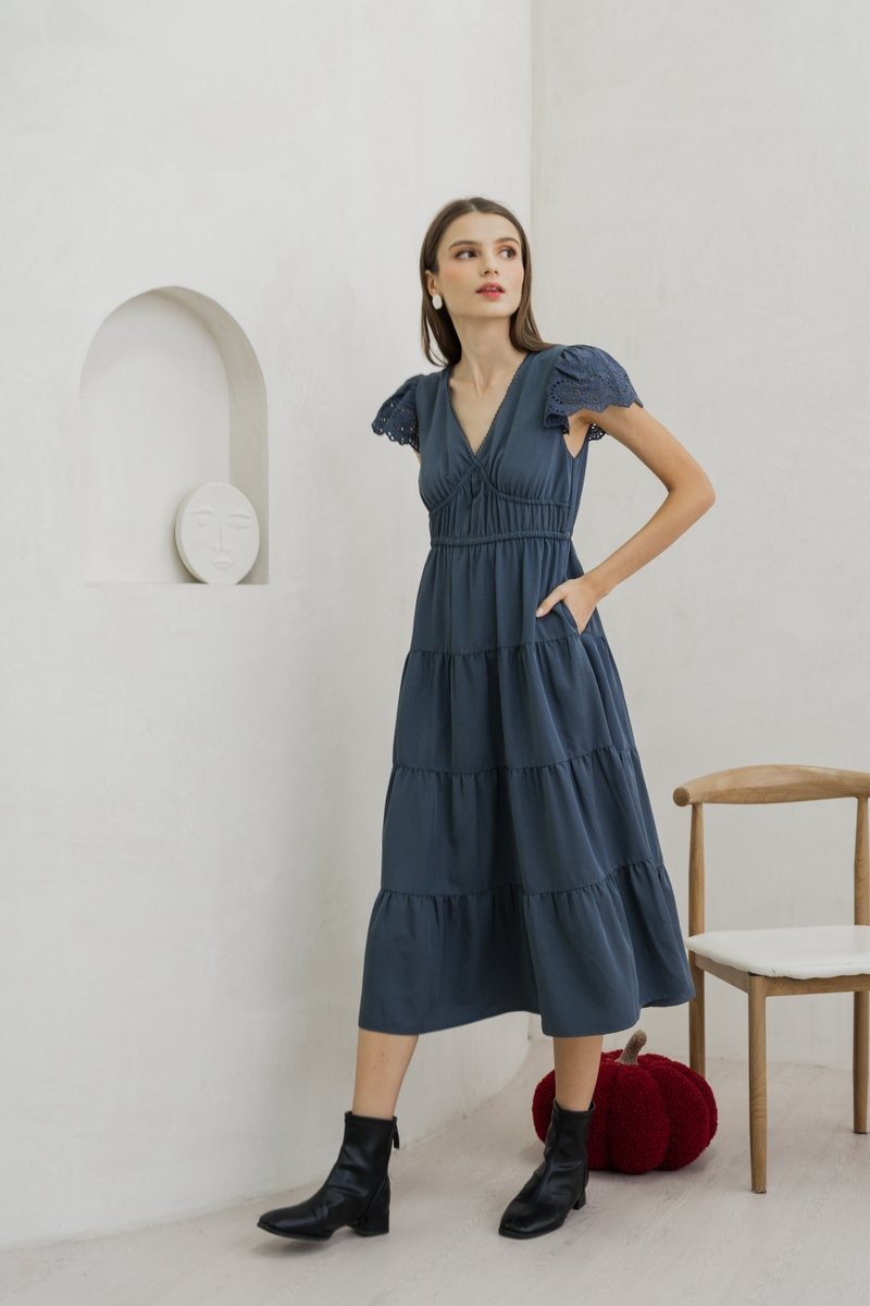 Marina Eyelet Sleeve Tiered Maxi Dress In French Navy (XS)